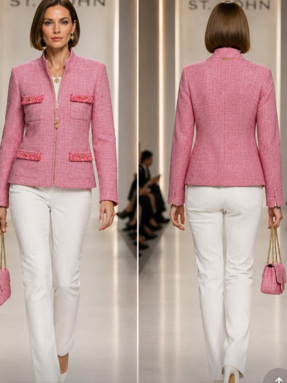 St. John Pink White Tweed Signature Key Lock Zip Jacket Gold Charm S/P - Picture 8 of 8